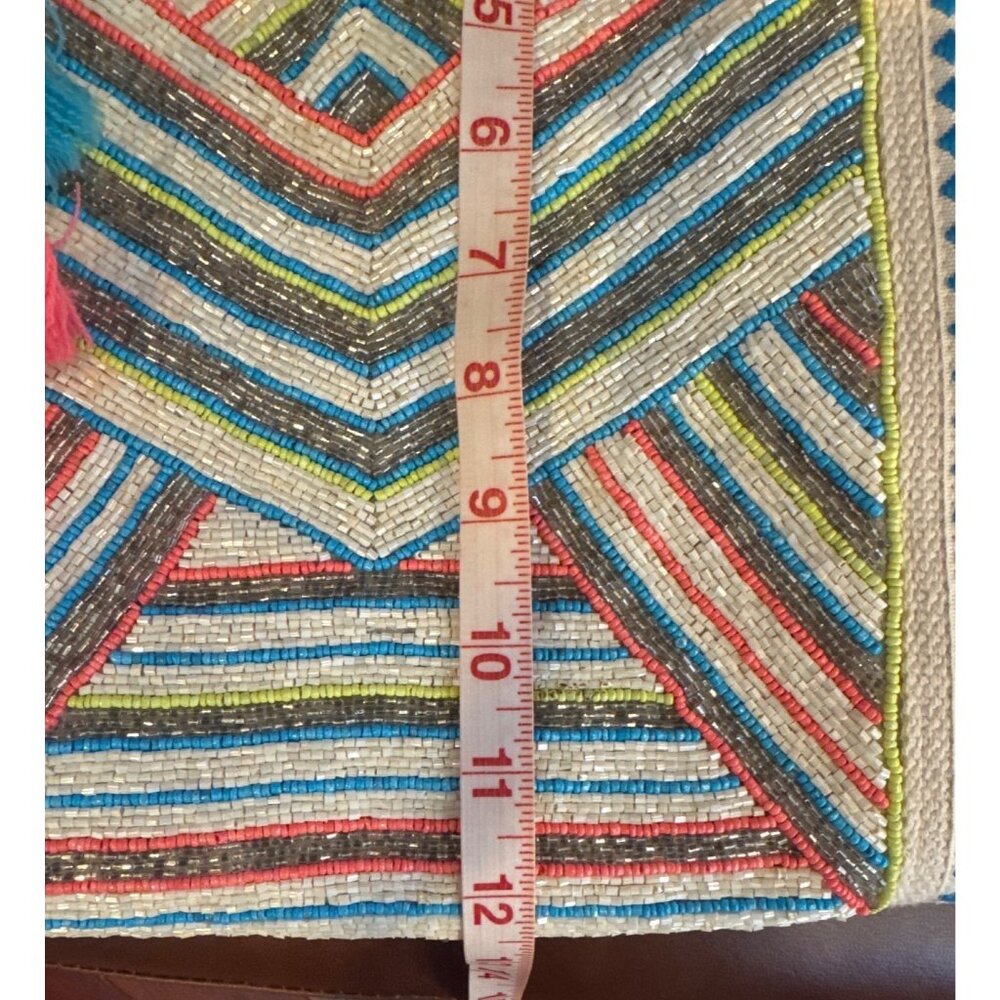 America & Beyond Boho Weekender Tote Bag Pouch Set Pom Tassel Stripe Beaded - Picture 12 of 16